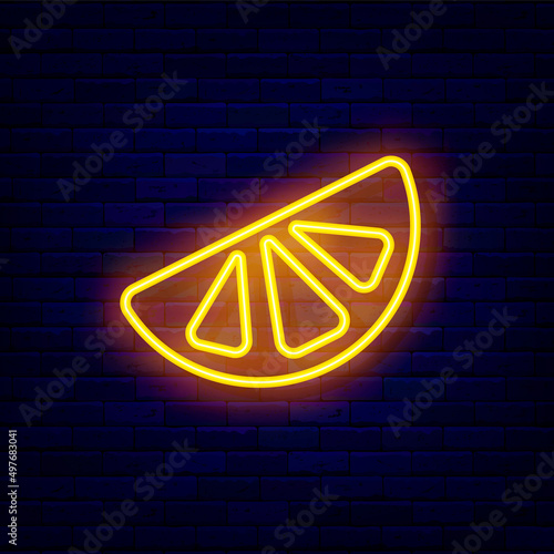 Orange slice neon icon. Citrus emblem. Summer concept. Fruit shop signboard. Vector stock illustration