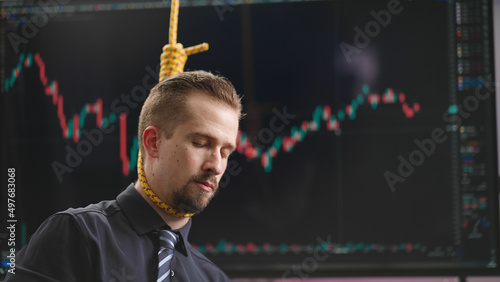 Financial bankrupt stock trader hanging suicide