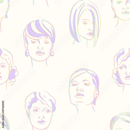 Fashion female faces with different hairstyle seamless vector pattern