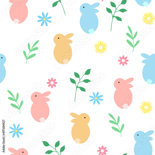 Easter simple seamless pattern with bunny  flowers and leaves isolated on white background. Vector illustration for banners  posters  social media stories  greeting cards and cover design templates.