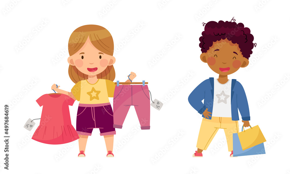 Cute little kids in fashionable outfit choosing and buying clothes set cartoon vector illustration Cute little kids in fashionable outfit choosing and buying clothes set cartoon vector illustration