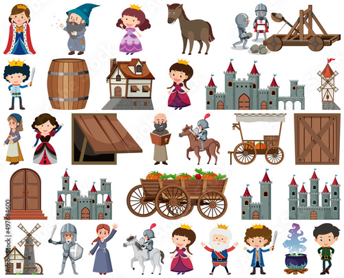 Medieval characters buildings set