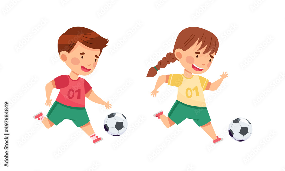 Kids playing soccer. Cute little girl and boy running with ball cartoon vector illustration Kids playing soccer. Cute little girl and boy running with ball cartoon vector illustration