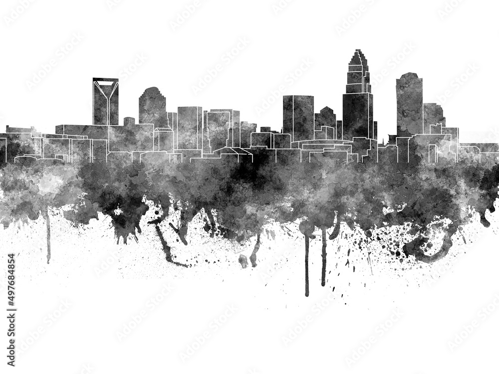Charlotte skyline in black watercolor on white background