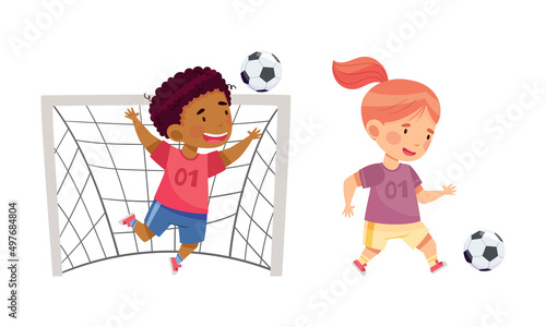 Kids playing soccer. Cute girl and boy running and kicking ball cartoon vector illustration