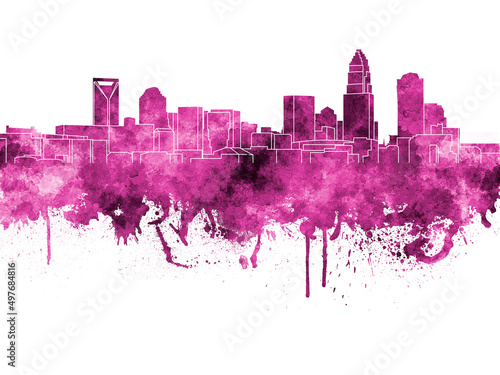 Charlotte skyline in pink watercolor on white background
