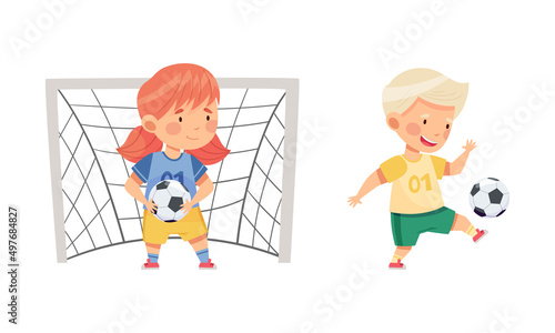 Kids playing soccer. Cute girl and boy kicking and catching the ball cartoon vector illustration