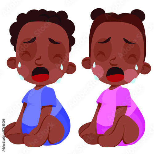 Two dark-skinned babies, a boy and a girl, are crying