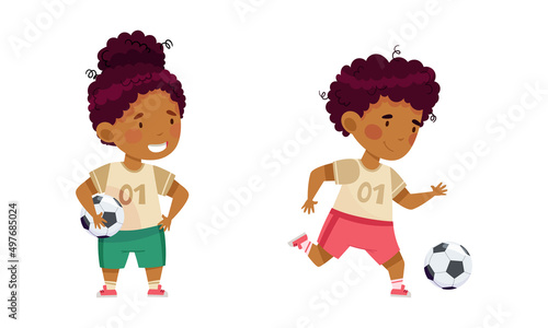 Happy girl and boy playing soccer. Adorable kids running and kicking ball cartoon vector illustration