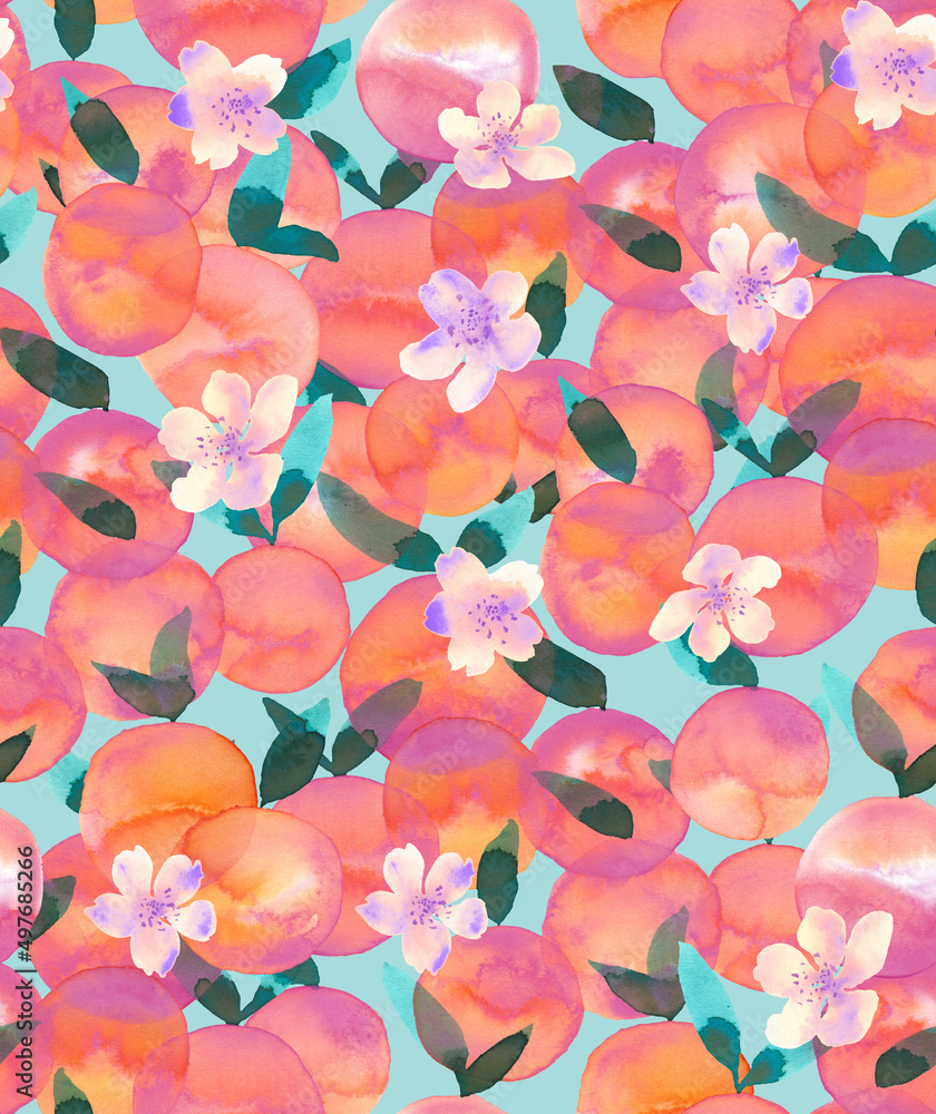 Watercolor peaches with flowers. Seamless fruit pattern hand drawn ink