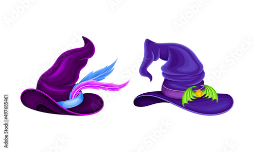 Purple witch hats set. Halloween or carnival costume accessories cartoon vector illustration