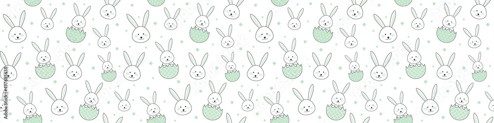 Fototapeta premium Easter pattern with bunnies and eggs. Banner. Vector
