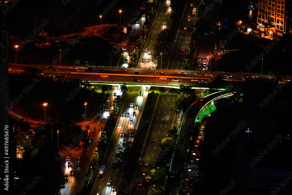 Night view of city road and overpass in Nanning, Guangxi, China
