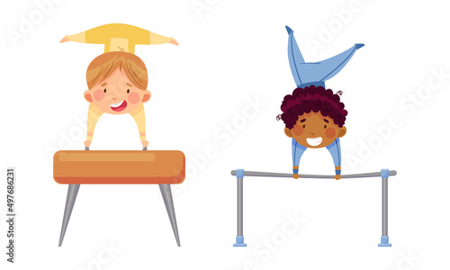 Kids gymnastic athletes practicing with sports equipment. Children doing rhythmic and sports gymnastics exercise with pommel horse and horizontal bar cartoon vector illustration