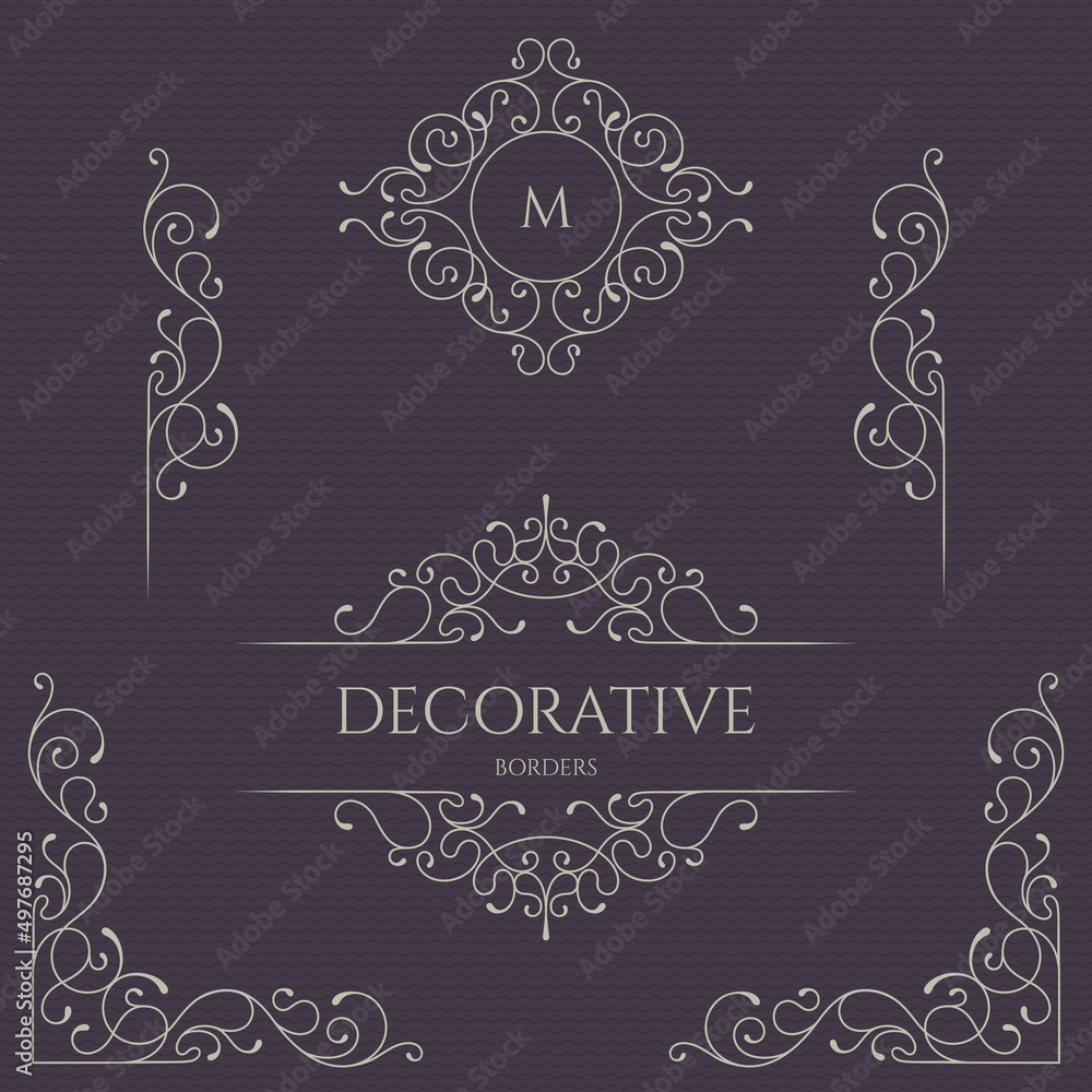 Monogram and borders, frames for cards, invitations, menus, labels.  Graphic design pages, business sign, boutiques, cafes, hotels. Classical elements.