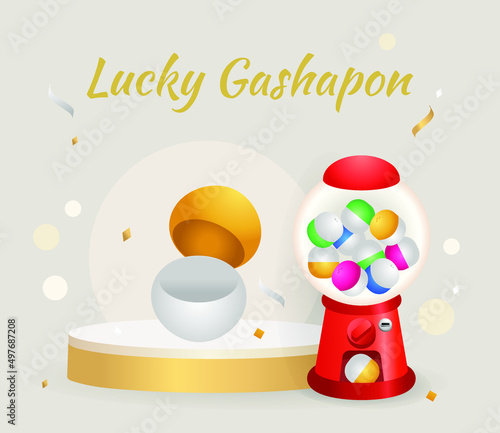 3d golden Bingo with balls, Gashapon balls and lotto machine for online promotion events. Concept of lucky random gambling game, lotto ball, Gashapon ball entertaining gambling game.