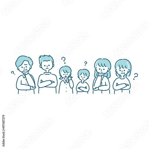 考えている三世代家族の上半身イラスト