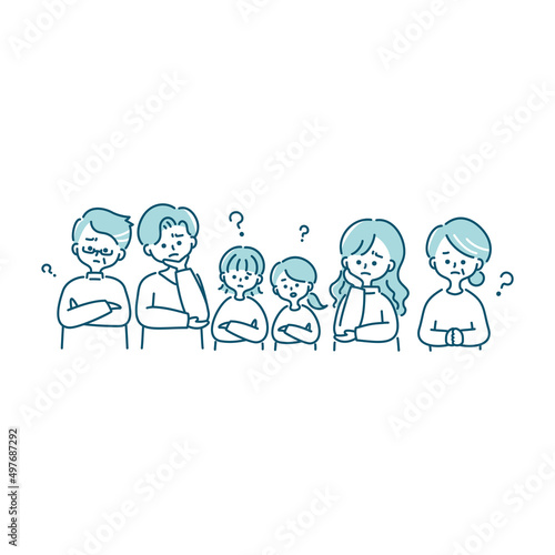 考えている三世代家族の上半身イラスト