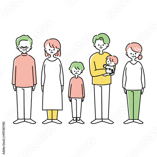 正面を向いて立つ三世代家族のイラスト