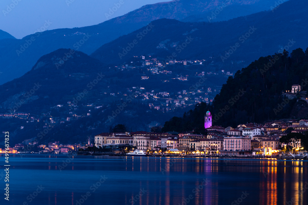 The village of Bellagio, on Lake Como, on a winter night. 
