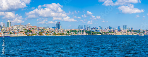 Istanbul, Turkey - September 2019: Panorama of the modern European side; Istanbul cityscape on the banks of Bosphorus strait