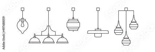 Hanging lamp line collection. Set of chandelier icons. Interior light design. Vector
