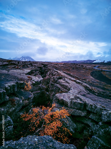 Massive crack in the lava fields under cloudy day