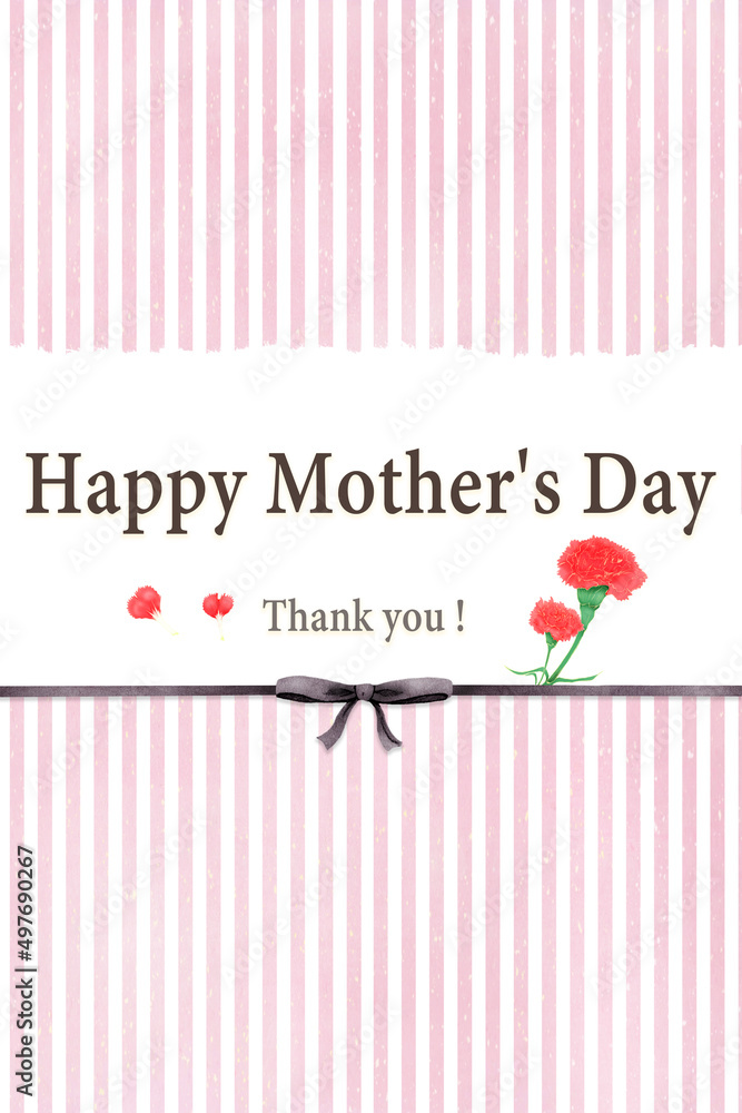 母の日感謝のメッセージカード　ピンクのハートストライプ　縦