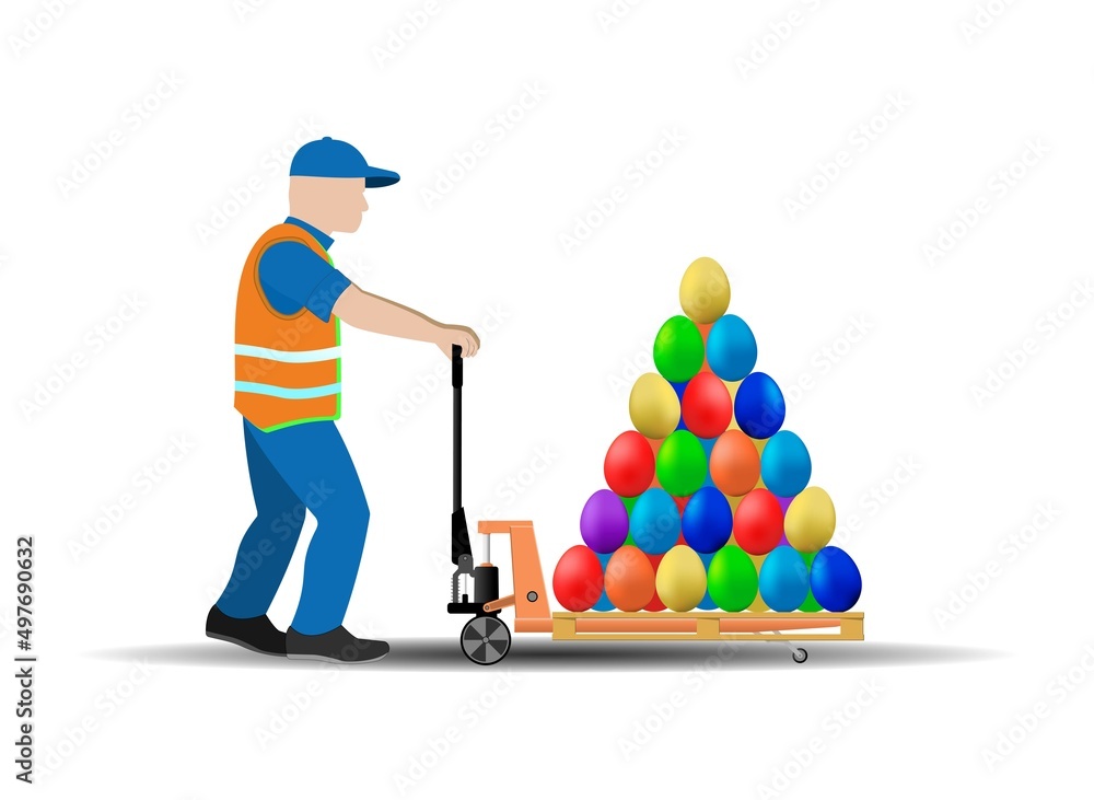 Manual hydraulic pallet truck with multi-colored Easter eggs, the worker moves the load. Happy easter. Manual hydraulic pallet truck with multi-colored Easter eggs, the worker moves the load. Happy easter.