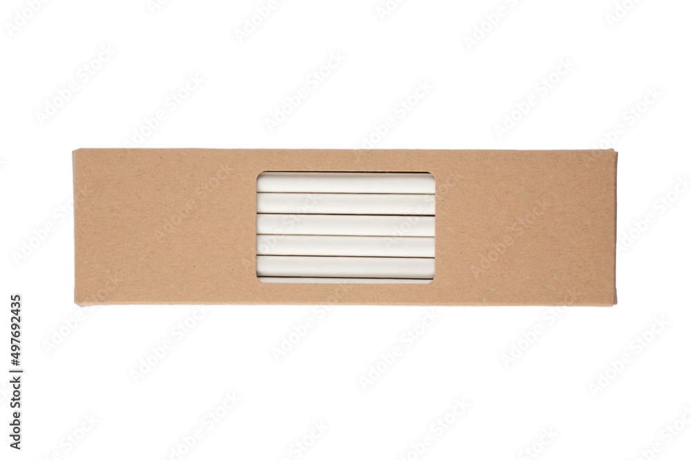 Mockup image of white drinking paper straws in kraft paper box isolated on white background. Biodegradable drinking straws. Sustainable lifestyle and zero waste concept Mockup image of white drinking paper straws in kraft paper box isolated on white background. Biodegradable drinking straws. Sustainable lifestyle and zero waste concept