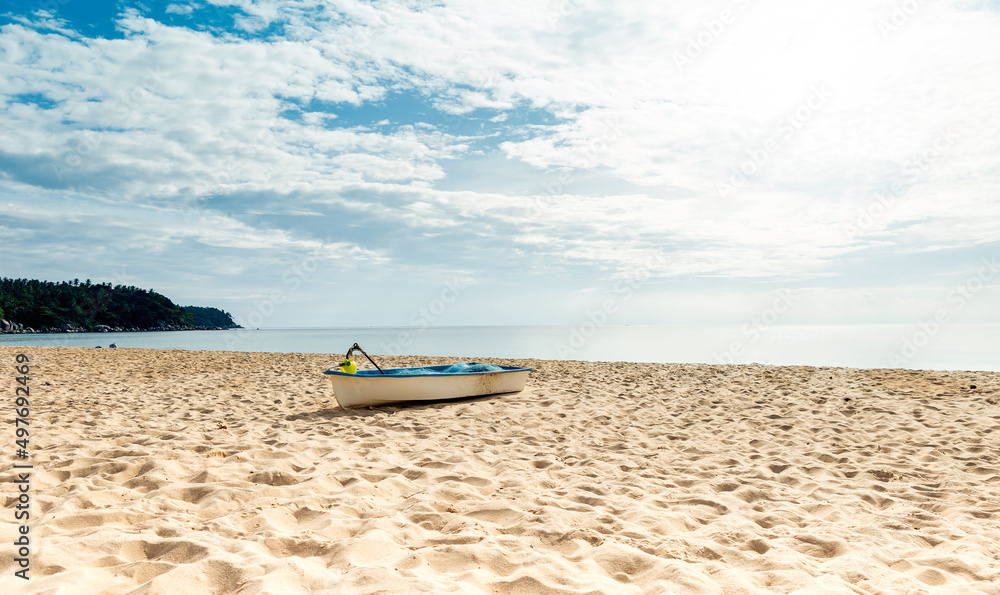 Boat on the beach, travel to asia, tropical island, empty clean beach in summer seson Boat on the beach, travel to asia, tropical island, empty clean beach in summer seson