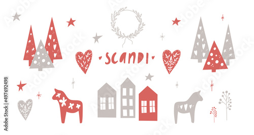  Christmas scandinavian set. Cute cartoon simple New Year. Spruce, Christmas tree, old buildings, wreath, Christmas toys. New year. Modern design for cards, banners, printed materials.