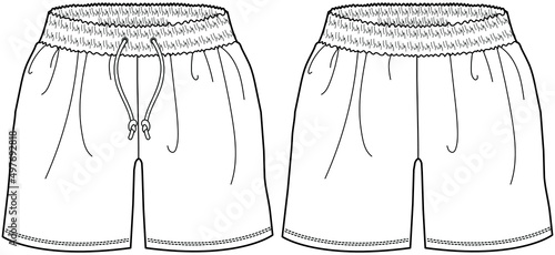 elastic waist unisex short pant technical drawing vector illustration. front and back view template. CAD mockup.