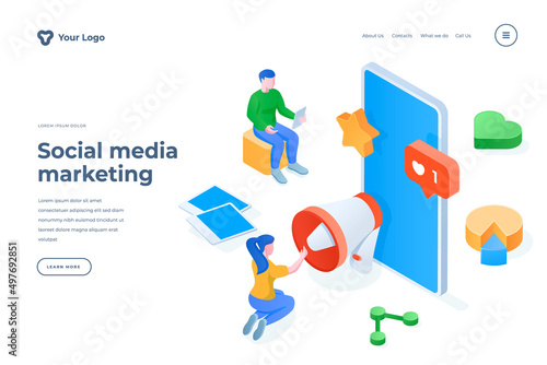 Social media marketing isometric landing page template. Woman liking posts, adding to favourites cartoon character. SMM strategy, aiming at target audience, modern advertising techniques banner