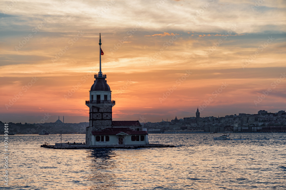 Sunset view of the Maiden's Tower in Istanbul, Turkey