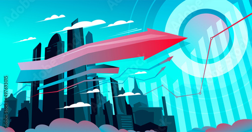 Growing morning metropolis vector illustration with ribbon arrow, target and charts
