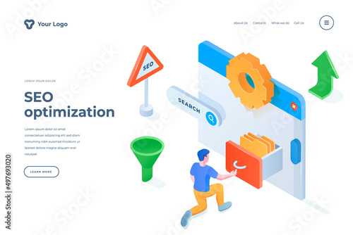 SEO optimization isometric landing page template. Content manager increasing webpage traffic. Programmer improving website ranking. Search engine optimization services homepage design layout