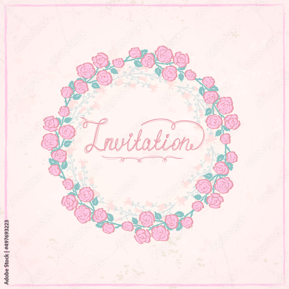 Invitation card, hand drawn graphic floral frame with pink roses Invitation card, hand drawn graphic floral frame with pink roses