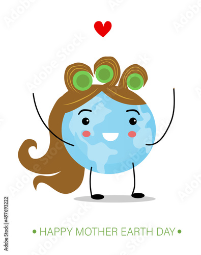 Happy Mother Earth Day illustration with smiling earth planet character with curlers and hands. Ecology, world environment day, mother nature care concept. Vector illustration isolated