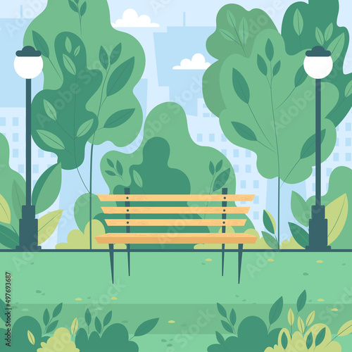 Flat vector illustration of a summer green alley in a city park with a bench