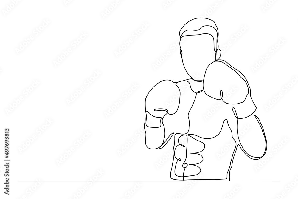 Continuous single line drawing of sporty boxer man punching use gloves vector illustration