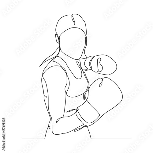 Continuous single line drawing of sporty boxer woman punching use gloves vector illustration