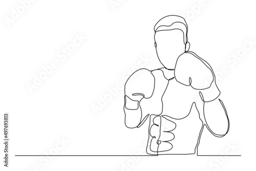 Continuous single line drawing of sporty boxer man punching use gloves vector illustration