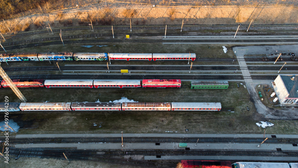 Train depot. Aerial drone view. Train depot. Aerial drone view.
