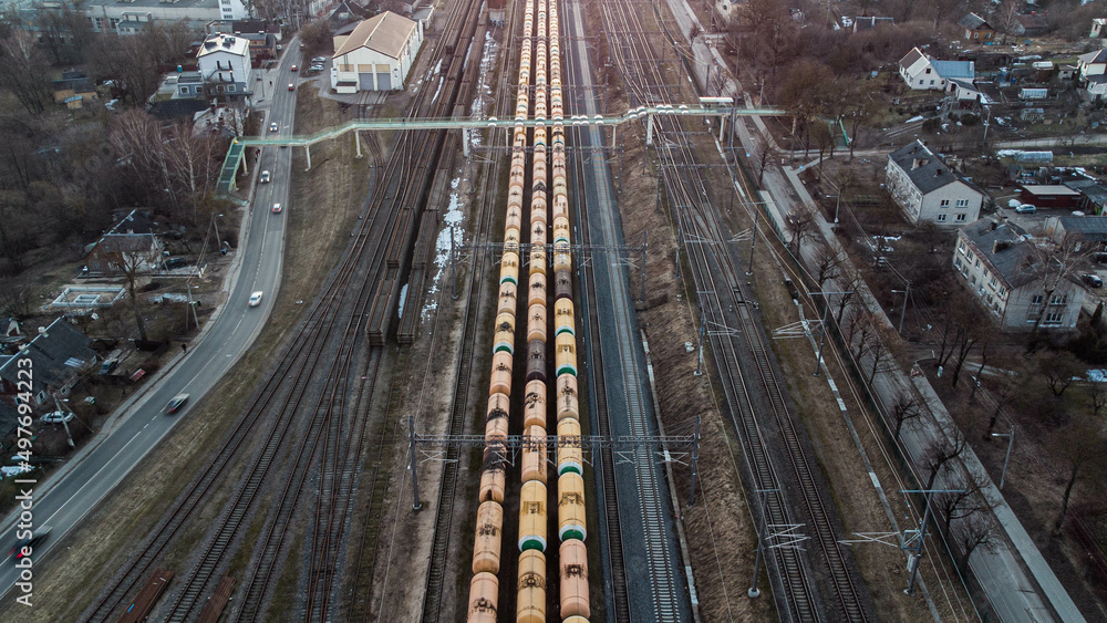 Train fuel tank wagons. Aerial drone photography