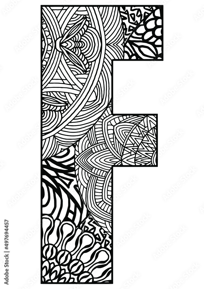 capital letter F decorated with mandalas and geometric figures on a ...