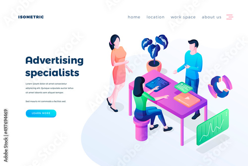 Advertising specialists landing page vector template. Marketing agency website homepage interface idea with isometric illustration. Professional marketers service web banner 3D cartoon concept