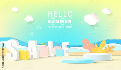 Summer sale concept design with paper cut tropical beach bright Color background layout banners.Vector illustration template.