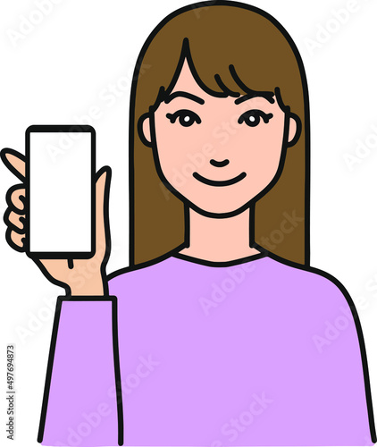 笑顔でスマホを見せている女性