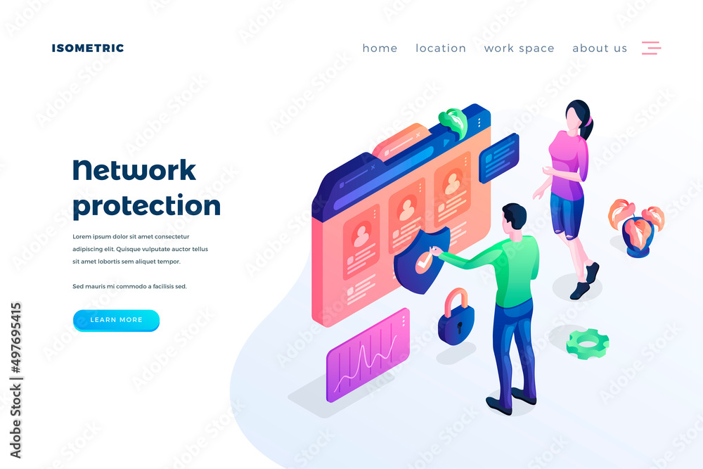 Network protection landing page vector template. Internet business website homepage UI idea with isometric illustrations. Personal information, access violation defence web banner 3D cartoon concept Network protection landing page vector template. Internet business website homepage UI idea with isometric illustrations. Personal information, access violation defence web banner 3D cartoon concept